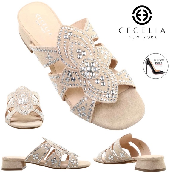 Cecelia New York Shoes - Cecelia New York Martini Micro Stud Sandal Bone Beige Suede Mule Block Heel 10